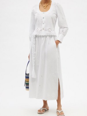 BELIZE Amia belted broderie-anglaise cotton midi skirt ~ white cotton side split summer skirts - flipped