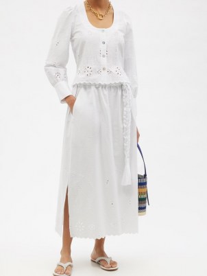 BELIZE Amia belted broderie-anglaise cotton midi skirt ~ white cotton side split summer skirts