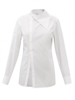 JIL SANDER Asymmetric-collar cotton-poplin shirt ~ womens white contemporary shirts - flipped
