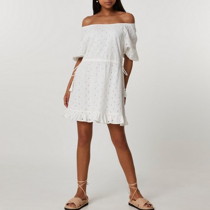 River Island White broderie bardot mini dress | womens off the shoulder frill hem dresses | women’s summer fashion - flipped