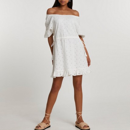 River Island White broderie bardot mini dress | womens off the shoulder frill hem dresses | women’s summer fashion