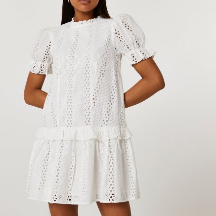 River Island White broderie frill mini dress | womens romantic style summer fashion | women’s cotton puff sleeve dresses | frill trim - flipped