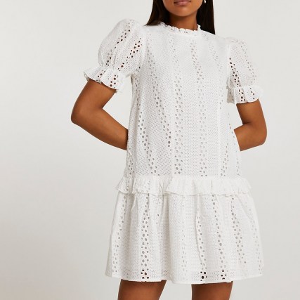 River Island White broderie frill mini dress | womens romantic style summer fashion | women’s cotton puff sleeve dresses | frill trim