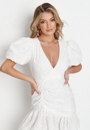 Missguided white broderie puff sleeve mini dress | women’s romantic style summer dresses | womens ruched fashion | on trend clothing - flipped