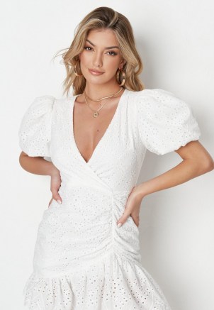Missguided white broderie puff sleeve mini dress | women’s romantic style summer dresses | womens ruched fashion | on trend clothing