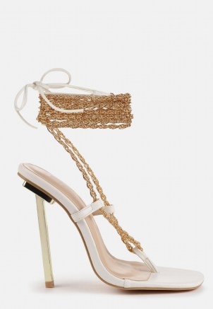 Missguided white chain tie up toe post heeled sandals | women’s going out high heels | ankle wrap party shoes | womens evening footwear - flipped