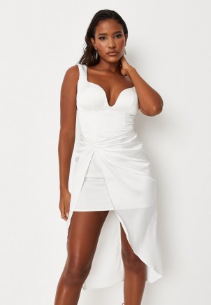 Missguided white cupped ruched front satin mini dress | asymmetric evening dresses