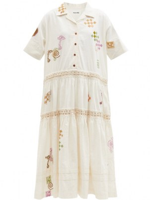 STORY MFG. Eden Spiral Trip-print organic-cotton blend dress ~ embroidered linen blend shirt dresses ~ womens summer clothing