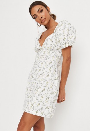 Missguided white floral print milkmaid denim mini dress | women’s plunge front day dresses - flipped