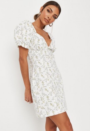 Missguided white floral print milkmaid denim mini dress | women’s plunge front day dresses