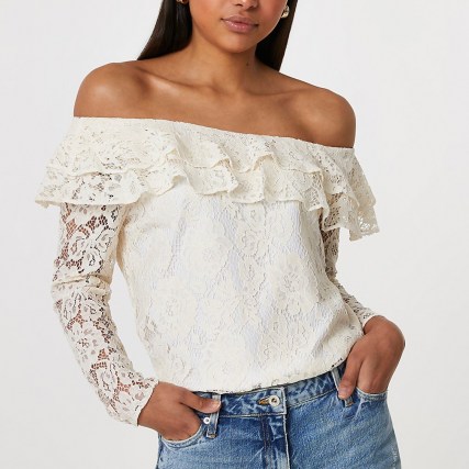 RIVER ISLAND White long sleeve frill bardot top / floral lace off the shoulder tops - flipped