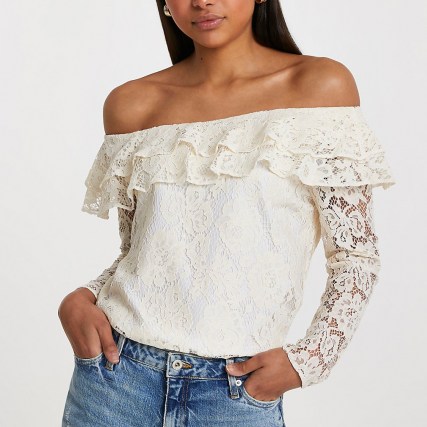 RIVER ISLAND White long sleeve frill bardot top / floral lace off the shoulder tops
