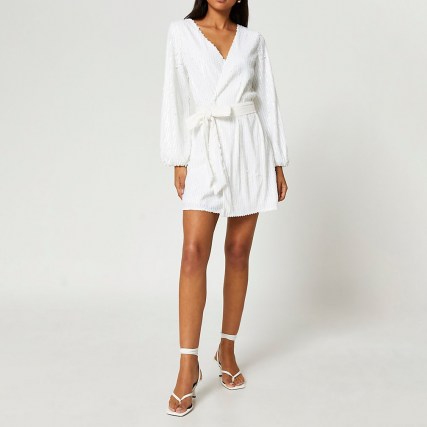 RIVER ISLAND White long sleeve sequin wrap dress ~ womens sequinned occasionwear ~ women’s party dresses ~ evening glamour - flipped