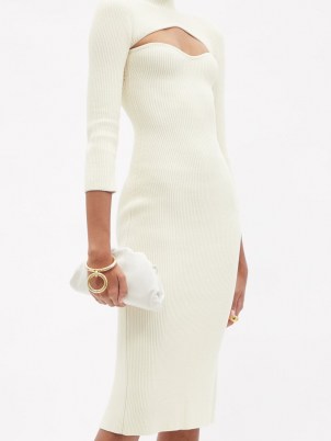KHAITE Mischa cutout ribbed-knit midi dress ~ chic ivory cut out dresses with high neck - flipped