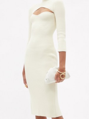 KHAITE Mischa cutout ribbed-knit midi dress ~ chic ivory cut out dresses with high neck