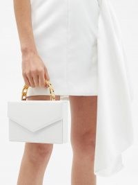 AMINA MUADDI Amini Pernille envelope leather box bag ~ white gold top handle bags ~ women’s small boxy evening handbag ~ womens chic occasion handbags ~ luxe accessories