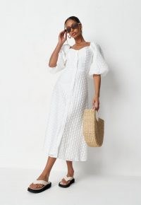 Missguided white polka dot organza puff sleeve midi dress | volume sleeved dresses