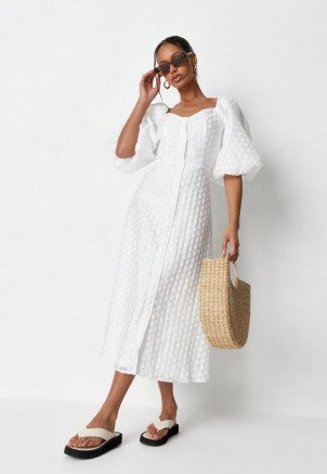 Missguided white polka dot organza puff sleeve midi dress | volume sleeved summer dresses