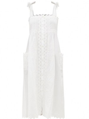 JULIET DUNN Ric rac-trimmed cotton midi dress | womens tie shoulder strap sundress | white cotton sundresses - flipped