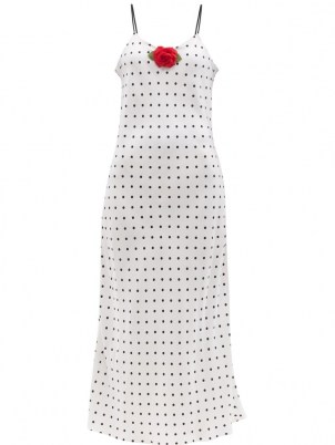 RODARTE Rose-embellished polka-dot silk slip dress / white and black spot print cami dresses - flipped