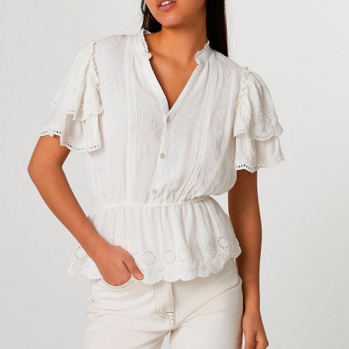River Island White short frill sleeve broderie top | tiered sleeve peplum tops - flipped