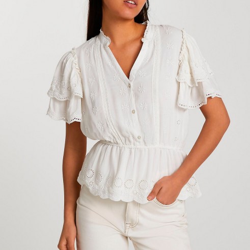 River Island White short frill sleeve broderie top | tiered sleeve peplum tops