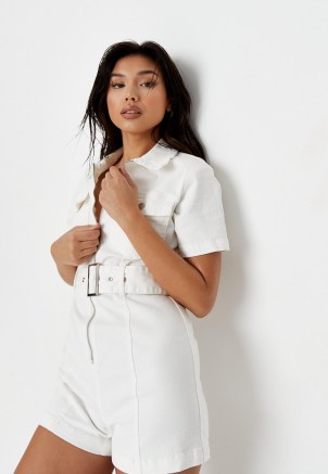 Missguided white stretch denim zip though playsuit | belted utility playsuits