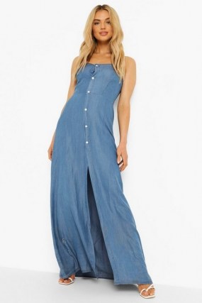 boohoo Button Front Split Denim Maxi Dress | skinny strap smocked back dresses | blue light wash denim fashion | womens summer clothing - flipped
