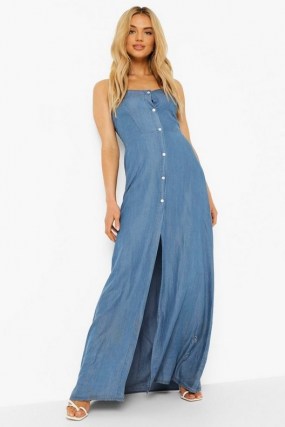 boohoo Button Front Split Denim Maxi Dress | skinny strap smocked back dresses | blue light wash denim fashion | womens summer clothing
