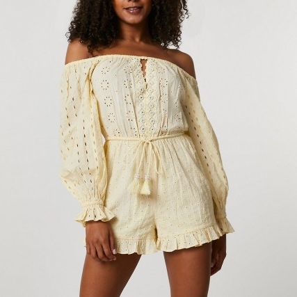 river island Yellow embellished broderie playsuit ~ off the shoulder boho playsuits