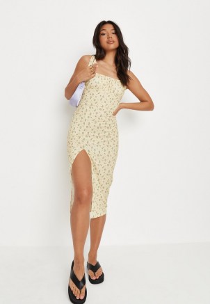 MISSGUIDED yellow floral print ruched bust milkmaid midi dress / women’s summer dresses with split hem - flipped