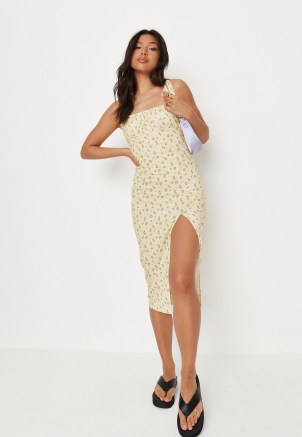 MISSGUIDED yellow floral print ruched bust milkmaid midi dress / women’s summer dresses with split hem