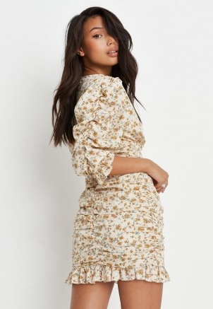 MISSGUIDED yellow floral print ruched mini dress / gathered detail puff sleeve dresses