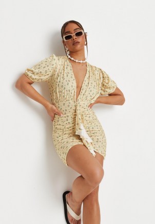 Missguided yellow floral print ruffle front plunge mini dress | ruched dresses with plunging neckline - flipped
