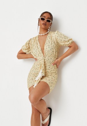 Missguided yellow floral print ruffle front plunge mini dress | ruched dresses with plunging neckline