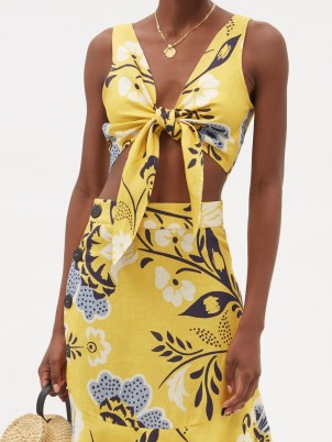 CALA DE LA CRUZ Lola tie-front floral-print top / yellow linen crop tops / women’s chic summer fashion - flipped
