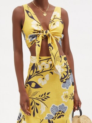 CALA DE LA CRUZ Lola tie-front floral-print top / yellow linen crop tops / women’s chic summer fashion