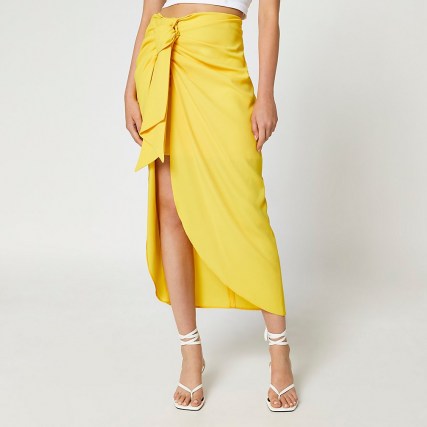 River Island Yellow satin front tie midaxi skirt | womens ruched skirts | women’s on trend fashion - flipped