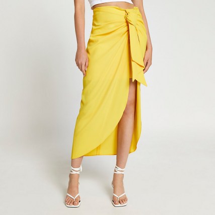 River Island Yellow satin front tie midaxi skirt | womens ruched skirts | women’s on trend fashion