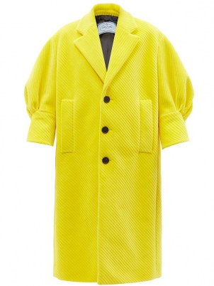PRADA Yellow single-breasted puff-sleeve corduroy coat | womens texured coats | women’s bright volume sleeve outerwear | designer fashion - flipped