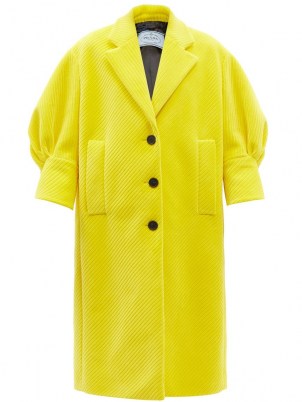 PRADA Yellow single-breasted puff-sleeve corduroy coat | womens texured coats | women’s bright volume sleeve outerwear | designer fashion