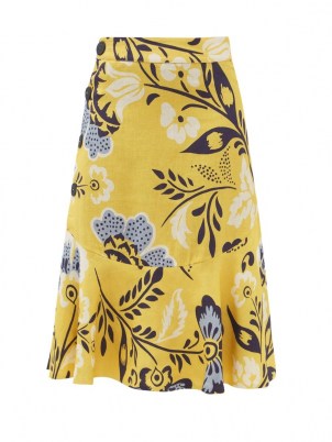 CALA DE LA CRUZ Vivian floral-print linen midi skirt / womens yellow linen flared hem summer skirts - flipped