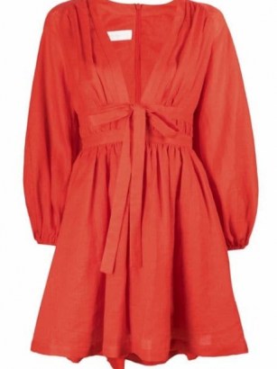 Zimmermann Shelly plunge-bow minidress in blood orange | womens plunge V front balloon sleeve dresses | women’s plunging neckline fashion - flipped