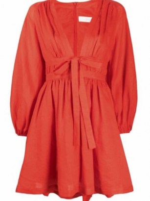 Zimmermann Shelly plunge-bow minidress in blood orange | womens plunge V front balloon sleeve dresses | women’s plunging neckline fashion