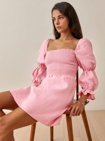 REFORMATION Zoya Linen Dress in Carnation / pink romantic smocked dresses - flipped