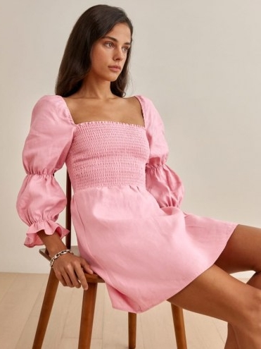 REFORMATION Zoya Linen Dress in Carnation / pink romantic smocked dresses