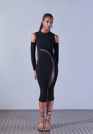 aazhia x missguided black lace up high neck maxi dress ~ womens edgy fashion ~ cold shoulder bodycon ~ women’s going out dresses - flipped