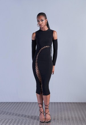 aazhia x missguided black lace up high neck maxi dress ~ womens edgy fashion ~ cold shoulder bodycon ~ women’s going out dresses