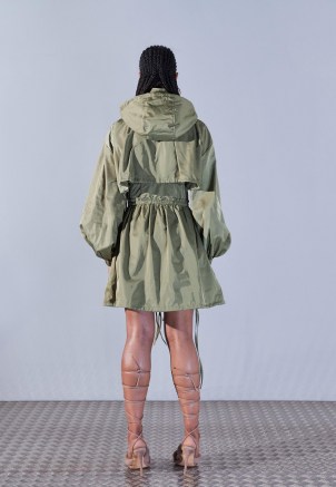 aazhia x missguided khaki zip overlay hooded mini dress ~ coat style dresses ~ womens on trend fashion - flipped