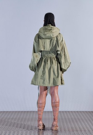 aazhia x missguided khaki zip overlay hooded mini dress ~ coat style dresses ~ womens on trend fashion